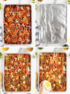 four images showing how to make shrimp lo mein in a casserole dish with noodles and broccoli