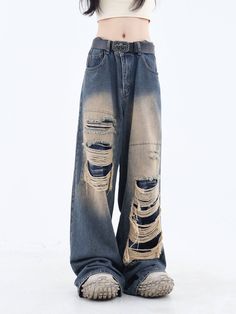 Distressed Patched Denim Jeans Jeans Grunge, Ripped Pants, Denim Decor, Retro Jeans, Korean Streetwear, Middle Age Fashion, Jean Large, Streetwear Fashion Women, Wide Jeans