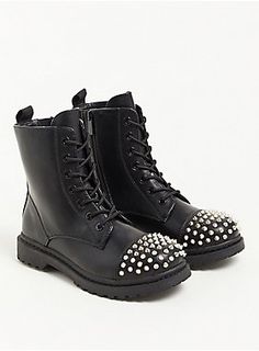 Plus Size - Stevie Combat Boot - Faux Leather Black (WW) - Torrid Studded Boots Outfit, Combat Boots For Women, Tall Combat Boots, Studded Combat Boots, Rock Boots, Studded Boots, Favorite Boots, Combat Boot, Buy Shoes Online