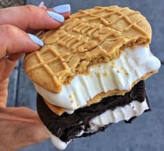 a person holding an ice cream sandwich with chocolate and marshmallows on it