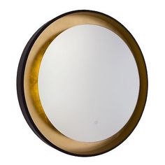 a round mirror with a gold rim and black trim around the edges, on a white background