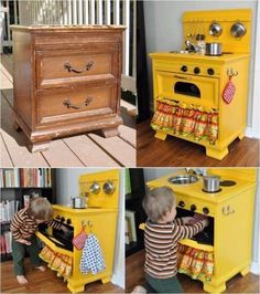 a little boy playing with an old fashioned stove