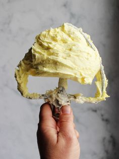 a person holding up a piece of cake with icing on it's face