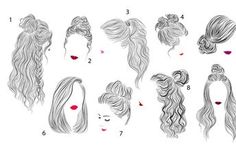 Set of 9 beautiful drawings of female hairstyles, vector fashion illustrations. Black and white outlines, hand drawn sketch style of women with pink, red and purple lips. Romantic, elegant and trendy, party and everyday hairstyle ideas: waves, curls, ponytails, straight hair, braids, low buns and top knots. They can make a perfect Inspiration for various style wedding hairstyles. Ideal for your business promotion: for fashion and beauty or weddings themed websites and blogs, as your logo and bus Ponytails Straight Hair, Straight Hair Braids, Illustrations Black And White, Everyday Hairstyle, Female Hairstyles, Low Buns, Clothes Illustration, Hair Illustration, Top Knots