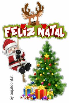 a christmas tree with santa claus hanging from it's side and the words feliz nati above it