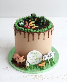 a birthday cake decorated with farm animals and tractor on the top is sitting on a green plate