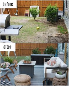 before and after pictures of an outdoor patio makeover, with the back yard in full view