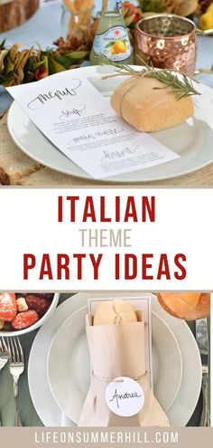 a table with plates, silverware and napkins on it that says italian theme party ideas