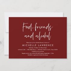 a red and white wedding card with the words food friends and alcohol on it