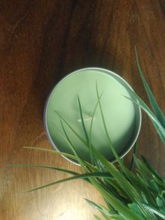 a bowl with some grass in it on a table