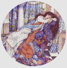 a cross stitch picture of a woman sleeping on a couch