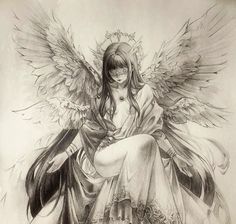 a pencil drawing of an angel sitting on the ground