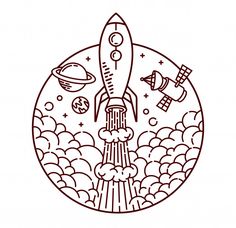 a drawing of a rocket taking off into the sky with clouds and stars around it