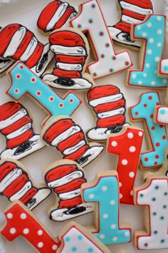 dr seuss number one decorated cookies in red, white and blue