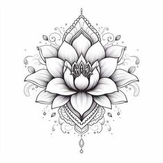 a black and white drawing of a lotus flower