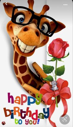 a cartoon giraffe with glasses holding a red rose and looking at the camera