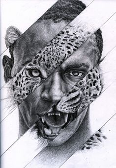 a pencil drawing of a man with a leopard mask on