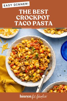 the best crockpot taco pasta is shown in front of two bowls with spoons