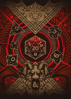 a red and black poster with some dice on it