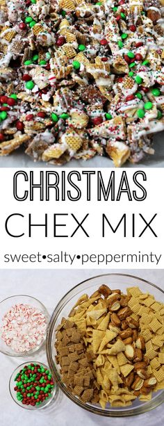 christmas chex mix in a glass bowl next to two bowls filled with candy and pretzels