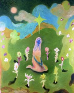 a painting of a woman sitting in the grass with flowers around her and stars above her