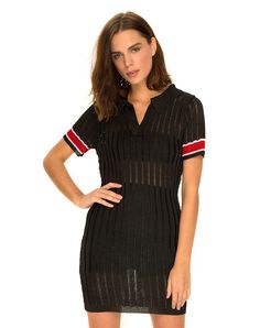 Join the 70's girl gang! This black sheer knitted polo dress with contast red and white arm bands features a collar and bodycon fit. 70s Girl, Knitted Polo, Girl Gang, Polo Dress, Arm Band, Red And White, Short Sleeve Dresses