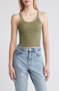 Contrasting stitching outlines this scoop-neck tank top cut in a cropped silhouette for everyday charm. 19" length (size medium) Scoop neck Sleeveless 100% cotton Machine wash, tumble dry Made in the USA Casual Tank Strap Crop Top For Everyday, Casual Everyday Crop Top With Tank Straps, Casual Tank Straps Crop Top For Everyday, Basic Green Crop Top, Casual Everyday Crop Top Camisole, Casual Cropped Tank Top For Everyday, Cropped Summer Camisole For Everyday, Casual Seamless Scoop Neck Crop Top, Spring Casual Racerback Crop Top