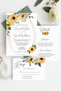 sunflowers and greenery are the focal point in this wedding stationery suite