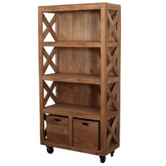 a wooden bookcase with two baskets on the bottom shelf and one drawer below it