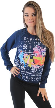 My Little Pony Group Sleigh Ride Snowflakes Juniors Navy Sweatshirt - My Little Pony - | TV Store Online Navy Sweatshirt, Tunic Tops Casual, Sleigh Ride, Sweatshirts Online, Women Hoodies Sweatshirts, Sweater Design, Winter Sweaters, Christmas Sweater