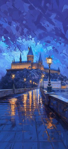 an artistic painting of a castle at night