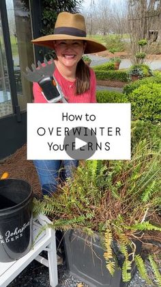 a woman in a hat holding up a sign that says how to overwint your lawn's