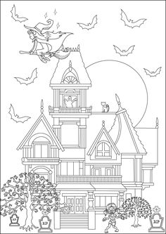 a black and white drawing of a house with bats flying over the roof, in front of a full moon