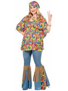 Head to the party wearing the Hippie Chick Plus Costume for Women and you'll instantly become a crowd favorite. Everybody loves a hippie. Happy, peaceful, at one with the world and nature, what's not to love? With this set, you will receive a fun multi-colored rainbow swirl blouse with a pair of faux denim pants adorned with brown fringe dangling from the kneecap. Pair this costume with some peace sign necklaces and hippie accessories from our site and you'll have the time of your life. Forest Steampunk, Nerd Costumes, 70s Mode, 50s Costume, Plus Size Hippie, Costume Bra, Vampire Costumes, 70s Costume, Electric Daisy