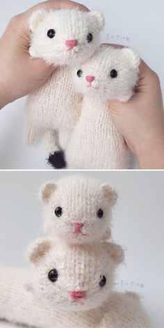 two pictures of stuffed animals being held by someone's hands, one is white and the other has black eyes