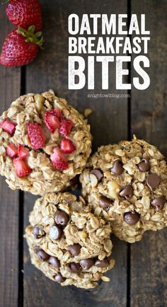 three oatmeal breakfast bites with chocolate chips and strawberries on the side