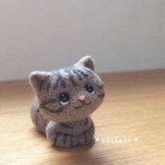 a small gray cat sitting on top of a wooden table