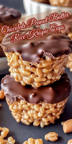 chocolate peanut butter rice krispie cups are stacked on top of each other and topped with nuts