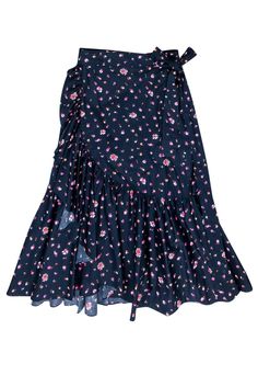 Current Boutique-Rebecca Taylor - Navy Floral Print Ruffle Wrap Skirt Sz 10 Feminine Spring Skirt With Ruffle Hem, Feminine Ruffle Hem Skirt For Spring, Spring Flowy Skirt With Ruffles, Spring Dresses With Ruffle Hem Skirted Shape, Spring Ruffle Hem Skirted Dress, Spring Dress With Ruffle Hem, Spring Skirted Dress With Ruffle Hem, Trendy Spring Dress With Flowy Skirt, Trendy Flowy Skirt Dress For Spring