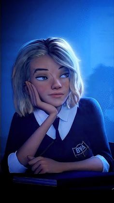 a girl with blonde hair and blue eyes wearing a school uniform, leaning her head on her hand