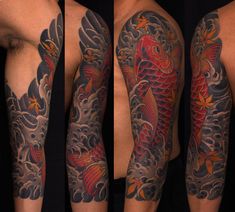 three different views of a man's half sleeve with fish and clouds on it