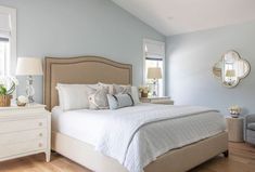 a bedroom with blue walls and white bedding