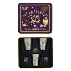 the campfire gift set includes four shot glasses and two shot cups in a box