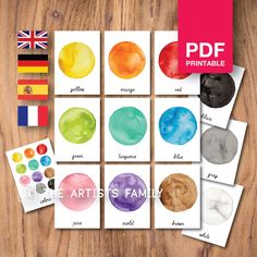 printable watercolor art cards with the names of different countries and colors on them