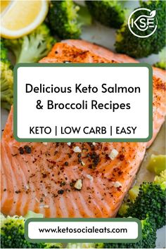 Keto salmon fillet with broccoli, topped with spices and lemon wedge, promoting keto recipes. Broccoli Keto, Salmon Broccoli, Oven Roasted Salmon, Salmon And Broccoli, Keto Dishes, Low Carb Easy, Skillet Recipes, Pan Meals