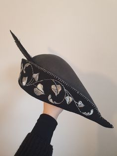 An embroidered medieval bycocket hat on a two tone hat base with personalised embroidery designs and colour options. Robin Hood Hat, Personalised Embroidery, Hood Hat, Larp Costume, Hat Base, Personalized Embroidery, Costume Hats, Cut Out Design, Robin Hood