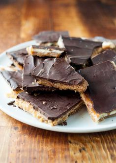 pieces of chocolate and peanut butter on a plate