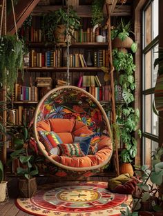 a room filled with lots of plants and bookshelves next to a hanging chair