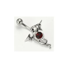 a red jeweled belly ring with an angel design on the side and a ball in the middle