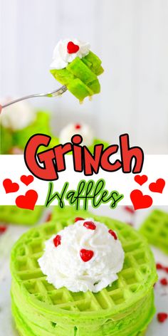 green waffles topped with whipped cream and cherries